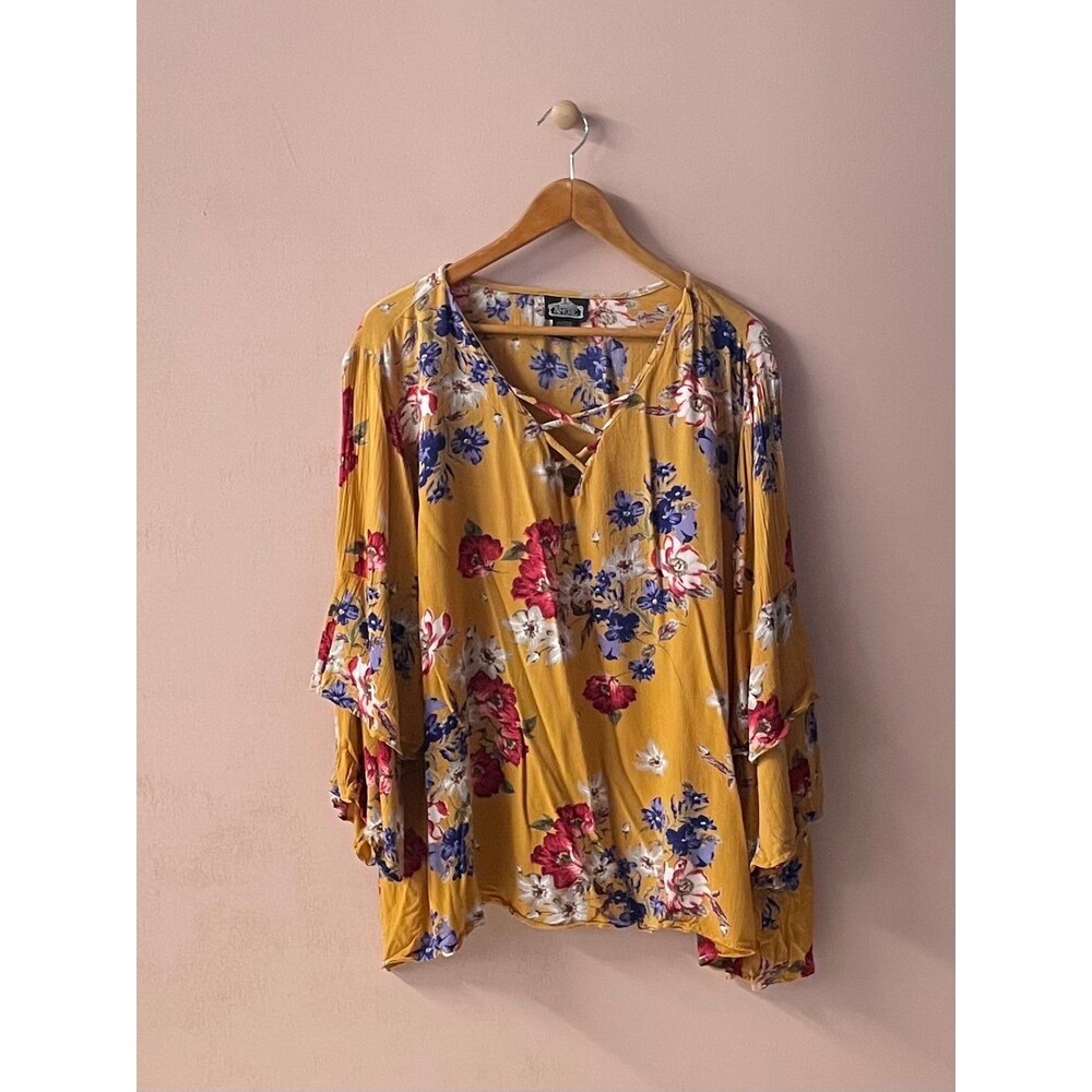 Angie Mustard Boho Floral Print Wide Tier-Sleeved Lace-Up Neckline Top Size 2X
